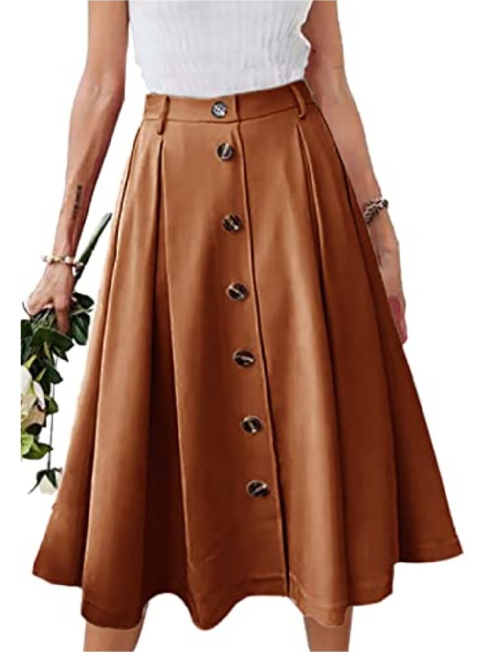 Women's Pleated Midi Skirt with Pockets - 100% Polyester Flared A-Line